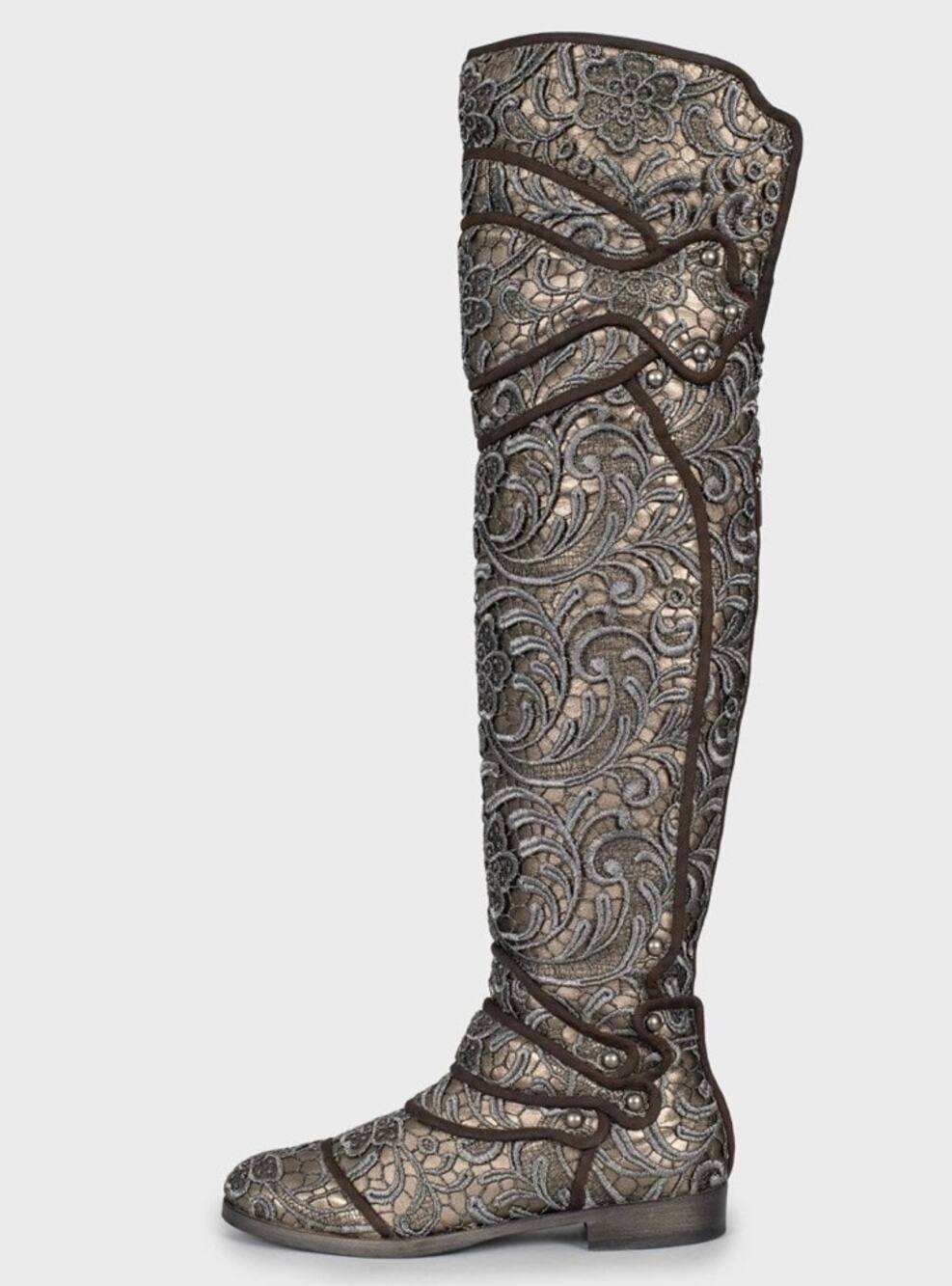 Dolce & Gabbana Gray Lace-Embellished Leather Over-the-Knee Boots Sz.39